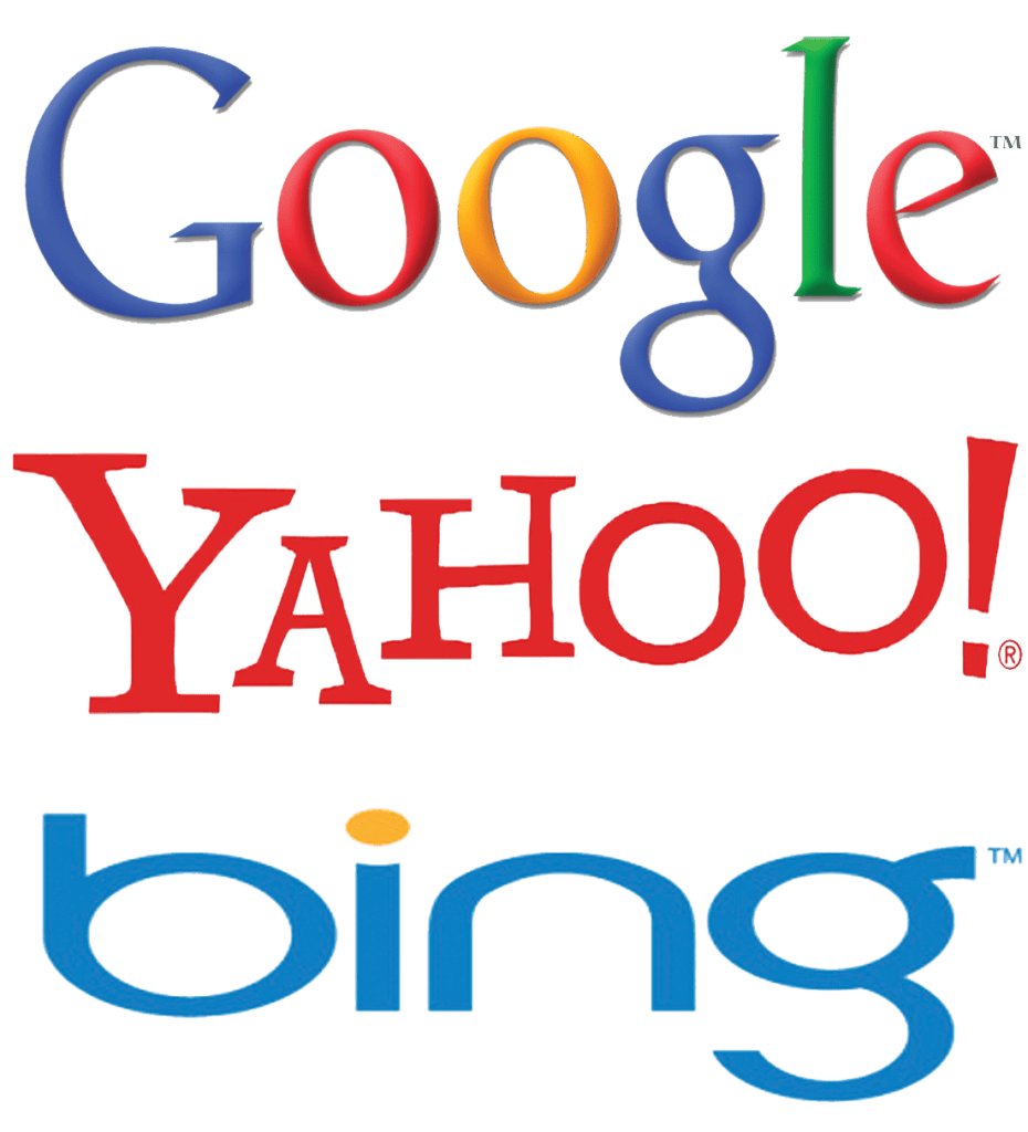 Search engine logos - Google, Yahoo and bing