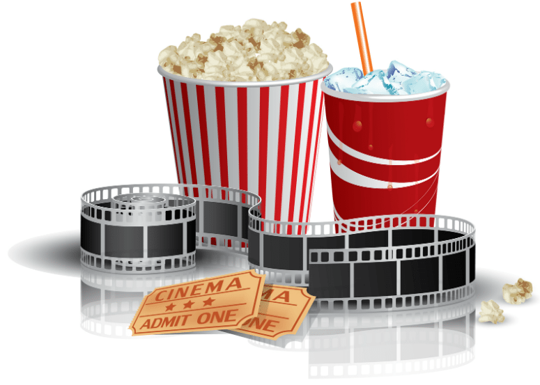popcorn drink and movie reel